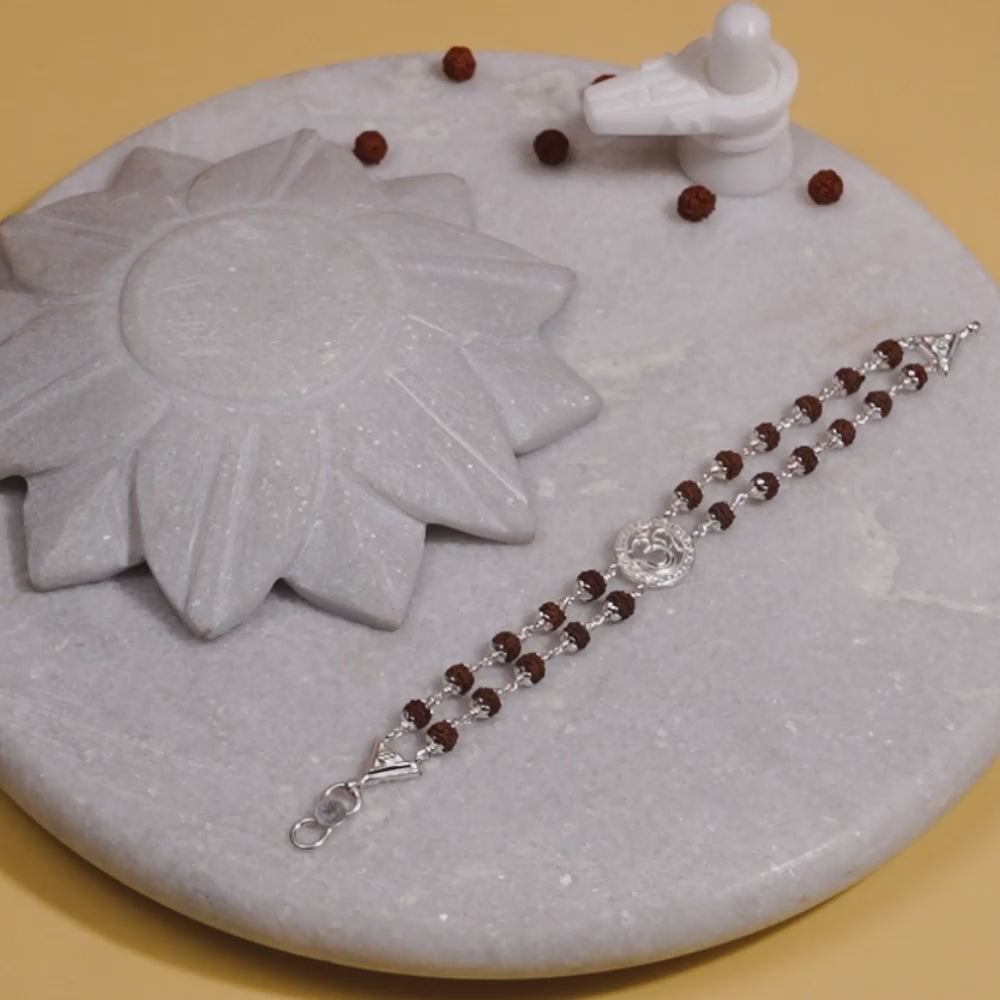 Stylish Silver Rakhi with Rudraksha and Om in the Middle, Double Line Design